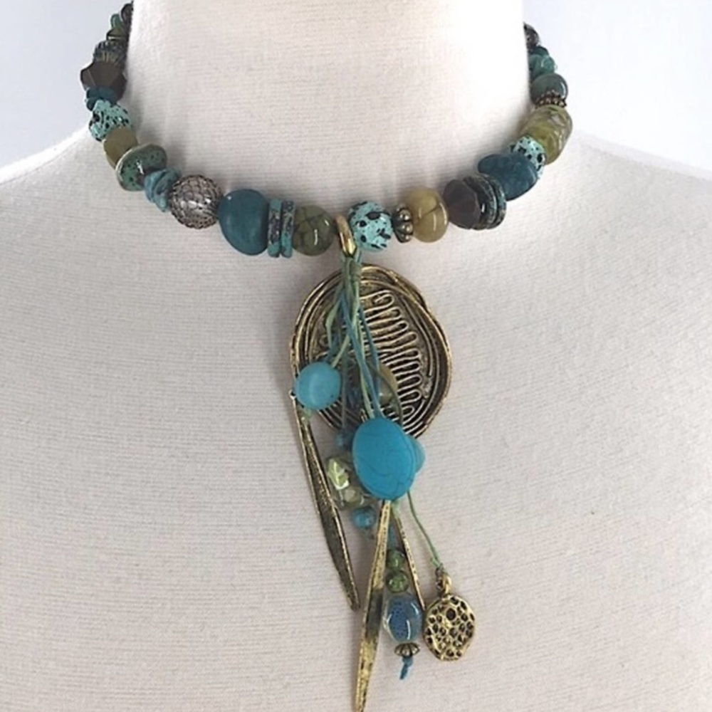 NWT Treska Tribal Turquoise Dangle coil  Necklace